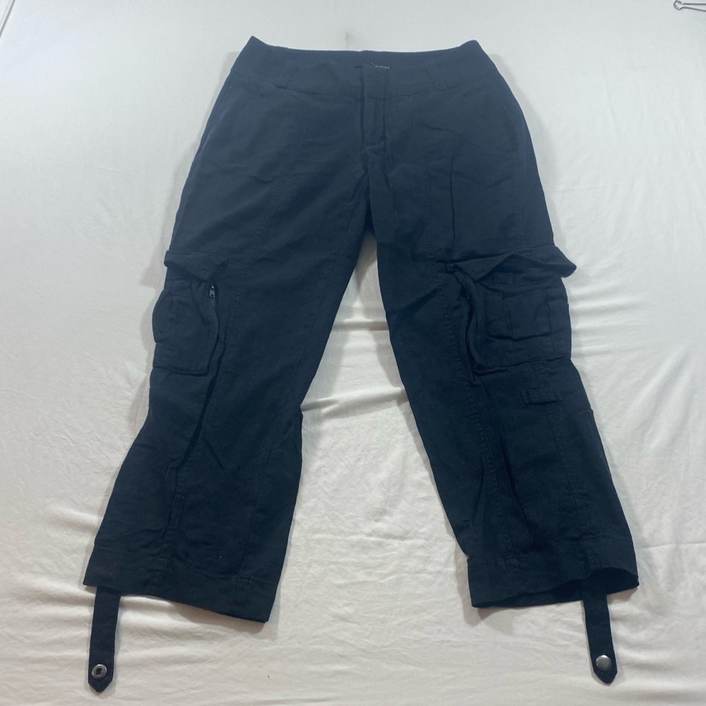 Harve Bernard Linen Cargo Capri Pants  black zip pockets Tab Button Summer Beach